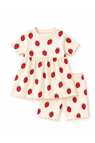 BALKABAĞI Çilek Desenli Tunikli &Taytlı Kız Bebek ve Çocuk %100 Pamuk Takım (...