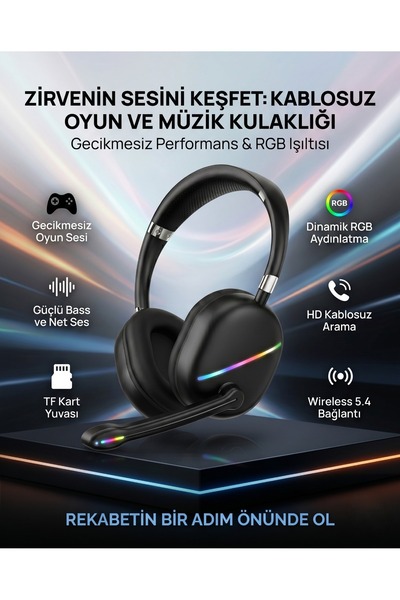 MATECHNO RGB Oyuncu Kulaklık Kablosuz Mikrofonlu Wireless 5.4 Oyuncu Kulaklığ...