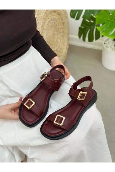 ERVANIN BUTİĞİ Burgundy Leather (Ossey) Double Buckle Gold Detail Women's San...
