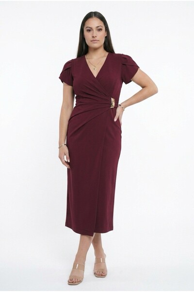 By Saygı Women's Double Breasted Collar Waist Buckle Plus Size Long Crepe Dress