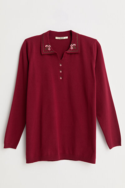 Nihan Plus Size Embroidered Polo Collar Viscose Sweater - Burgundy
