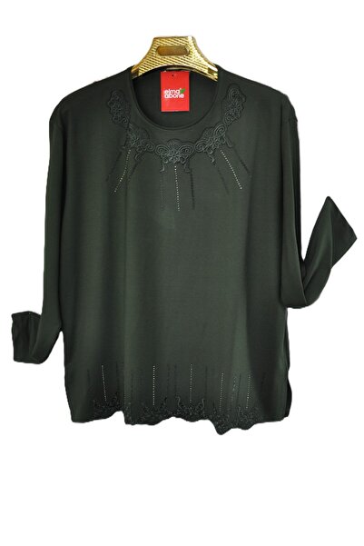 elma abone Plus Size Mother's Embroidered Stone-Decorated Combed Cotton Blouse