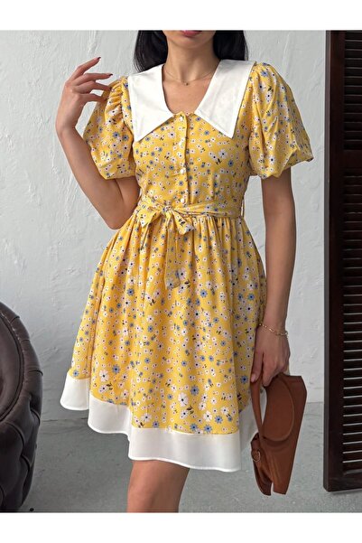 LOKADI Women's Retro Floral Patterned Doll Collar Watermelon Sleeve Belted Dress