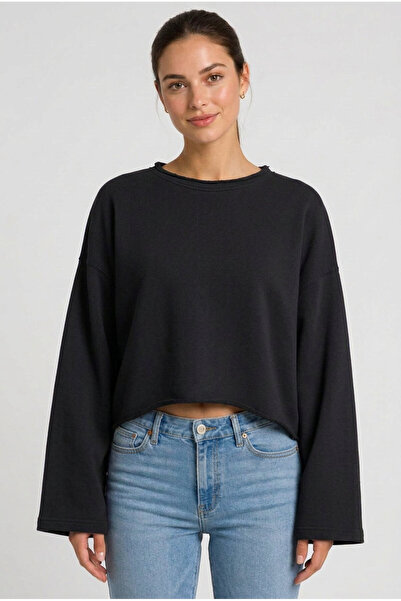 Tisho Kadın Oversize Crop Sweatshirt %100 Pamuk - Tek Beden - Siyah