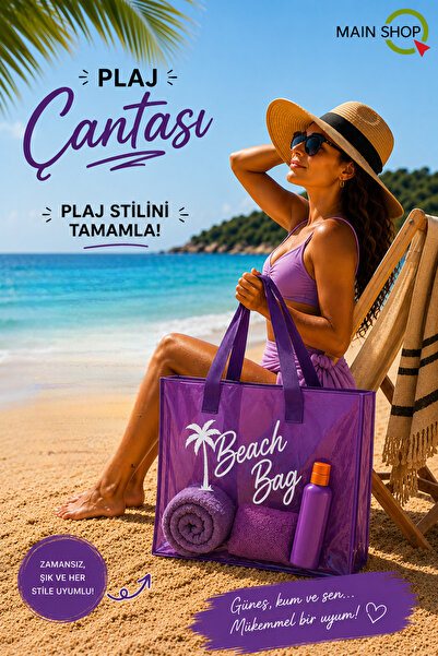 MAİN SHOP Mor Şeffaf Beach Bag Kadın Plaj Çantası Büyük Hacimli M-PLJ01