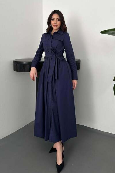 Lady Pixie Buttoned Belted Poplin Dress