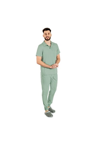 RUNI Men's olive stretch polo medical suit, with V-neck blouse and jogger pan...