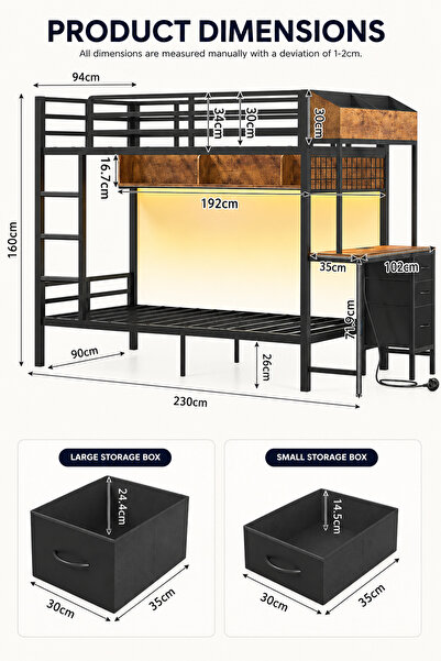 Yanara Twin Over Twin Bunk Bed w/ Charging Station & LED, Metal Loft Bed w/ D...