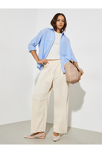 Styli Cream Solid Wide Leg Pants with Pocket
