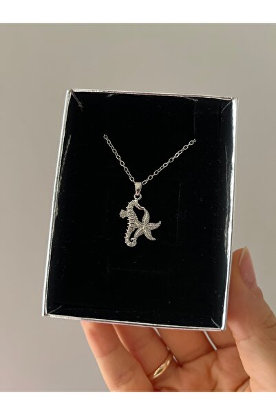 Rose and Light Silver Seahorse and Starfish Necklace - Sparkling Marine Women...