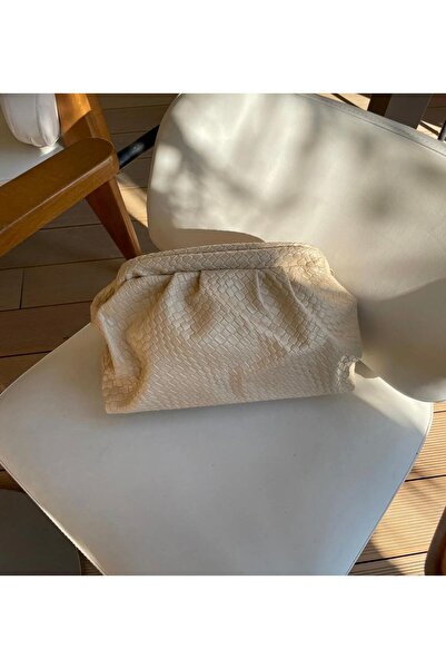MyleeButik Mylee Örgü Desenli Pofuduk Clutch El ve Omuz Çantası - Krem