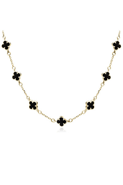 PrimaDonna Elegant Black Clover Necklace 925 Silver 14K Gold Plated