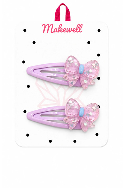 MakeWell Pink Bow Detailed Snap Clip Set – Glittery Star Patterned Girls' Hai...