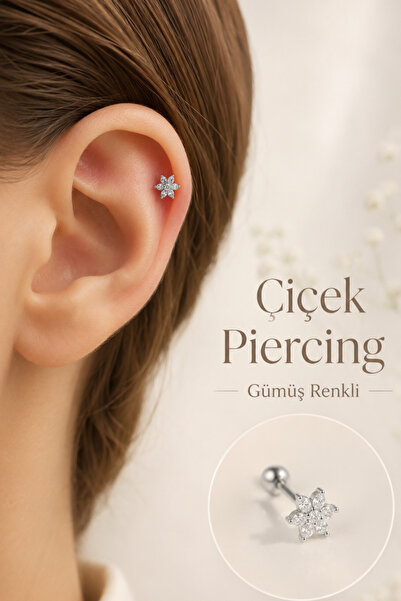 Sacce Scarves&Accessories Zirkon Taşlı Çiçek Piercing Gümüş Renk Helix Kıkırd...