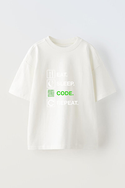 Anetos Tricou supradimensionat alb din bumbac cu imprimeu frontal Eat Sleep C...