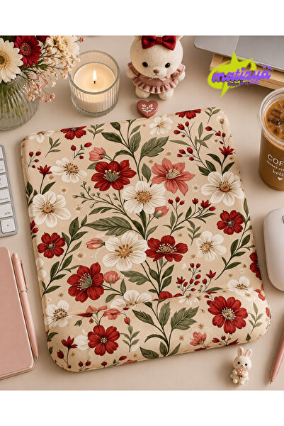 matizya Kırmızı Floral Çiçek Desenli Kare Bilek Destekli Mousepad 19x23 cm Er...