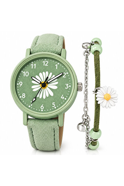 SOKI Women's Gift Top Bottom Set – Green Daisy Watch & Elegant Handmade Bracelet