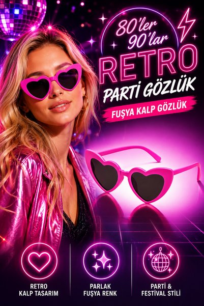 Tamsena Store Fuşya Pembe Kalp Gözlük Retro 80’ler 90’lar Parti Gözlüğü Konse...