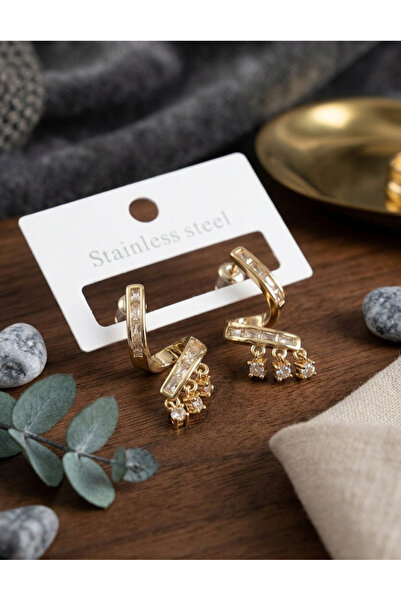 stainless steell Brass Zircon Stone Curved Model Gold Color Earrings