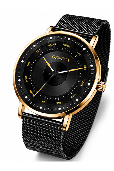 Geneva Platinum Ceas Premium Bărbați Black Gold – Curea Metalică, Cadou Ideal