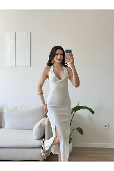 Zoom Butik Boyun Bağlamalı Keten Yırtmaçlı Elbise - BEYAZ