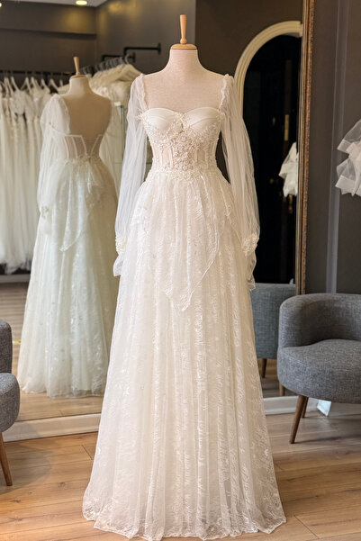 Lenta Moda Beyaz Simli Lez Dantel Etekli Ve İşlemeli Dantel Detaylı Abiye ve ...