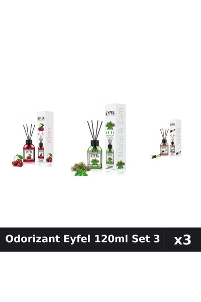 Eyfel Set 3 Odorizant Camera cu Betisoare 120ml - Cireșe, Pin Mentă, Vanilie