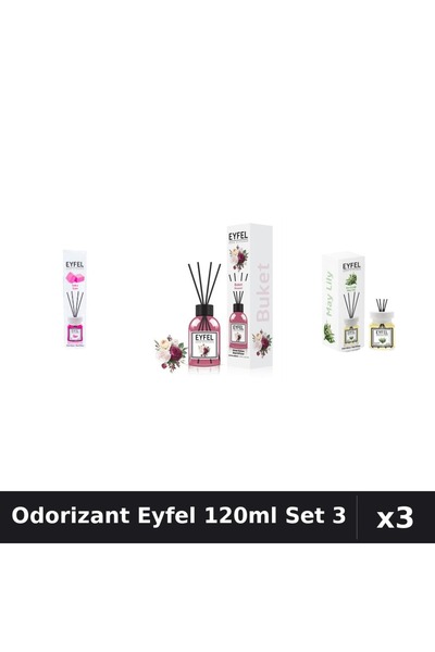 Eyfel Set 3 Odorizant Cameră cu Bețișoare 120ml - Bubble Gum, Bouquet, Lacram...