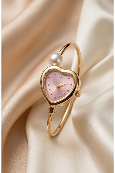 KLISHE Butik Women's Steel Watch Gold Color & Pink Dial Heart Case Pearl Deta...