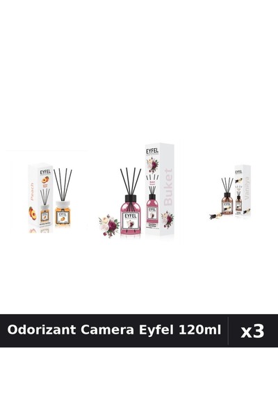 Eyfel Set 3 Odorizante Camera cu Betisoare - Piersica, Bouquet, Vanilie, 120ml