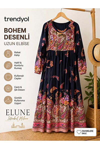 ELUNE İSTANBUL & Milano Etnik Desenli Astarlı Bohem Uzun Elbise – Siyah/Pembe