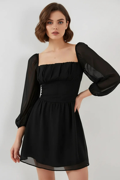 buğrahayalin Women's Square Collar Gathered Waist Long Sleeve Chiffon Black D...