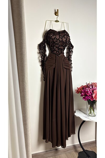 leevan fashion فستان سواريه بني فخم بخصر درابيه وأكمام مكشوفة الأكتاف