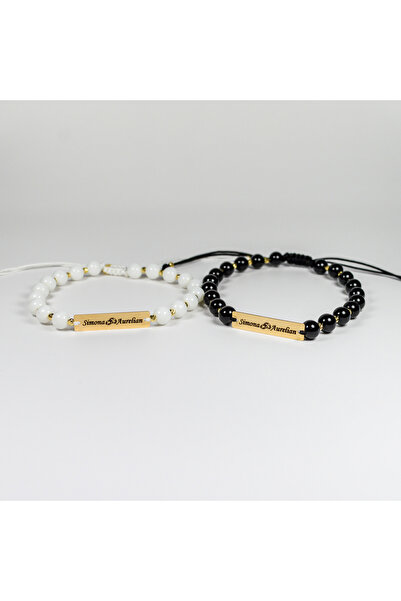 BLACK SWAN Bijoux Set cadou cuplu - Bratari cu bilute din aur 14K, onyx si pl...