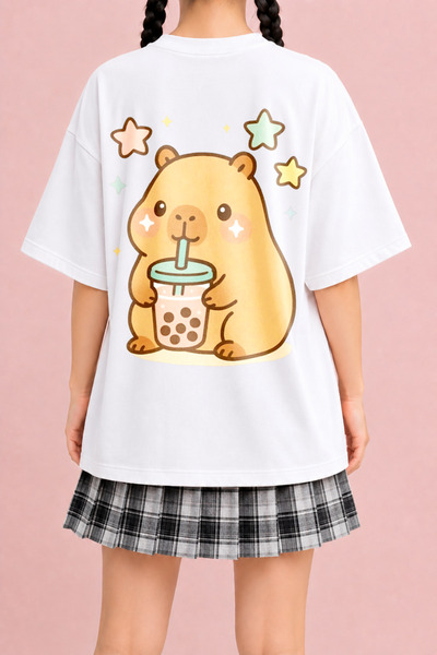 Velostra Women's Bubble Tea Capybara Printed Oversize Crew Neck Cotton Casual...