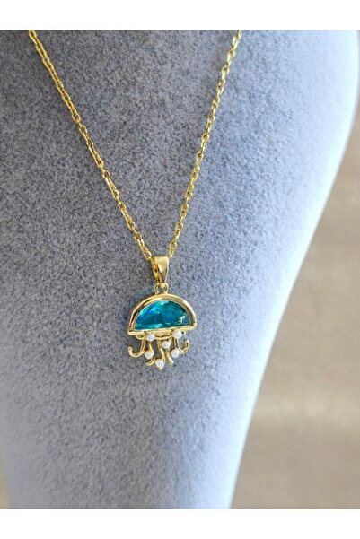 MuseumofYou Steel Necklace - Gold Plated Jellyfish Figured Blue Stone Necklace - Does Not Tarnish