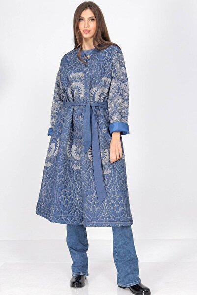 ROHBOUTIQUE Long oversized cotton coat with embroidery in Blue Aimelia JR657