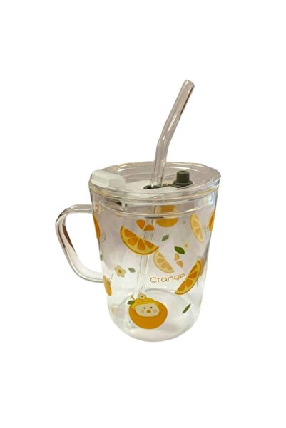 OEM Glass Mug with Handle and Straw, Orange, Airtight Closure, 350 ml