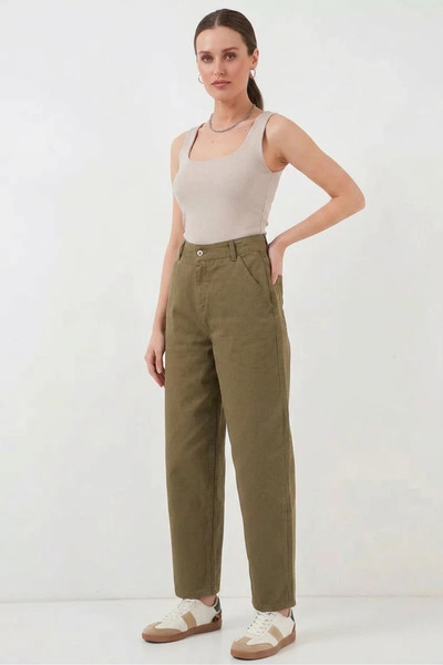 Generic Brand Ženske pamučne haki pantalone sa visokim strukom
