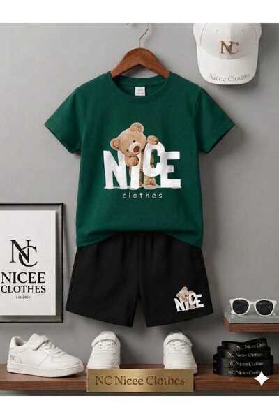 NC Nicee Clothes Summer Children's T-Shirt Shorts Unisex (White Nicee Bear Pr...
