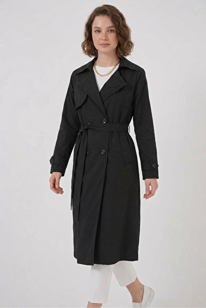 buğrahayalin Women's Double-Breasted Collar Lined Black Trench Coat