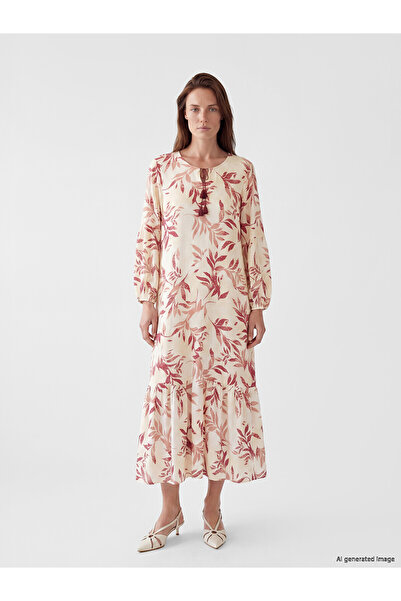 LC Waikiki Peak New Season Tie-Detail Collar Patterned Dress