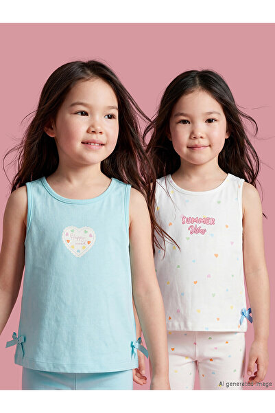 LC Waikiki Trendlucky Girls' Printed Undershirt with Oval Collar, 2-Piece Set