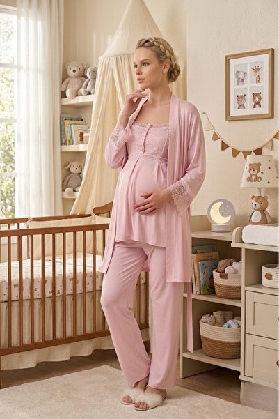 Pelin Women's Powder Lace 3-Piece Special Design Maternity Pajama Set with Dr...