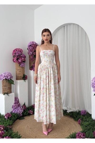 Caddebostan Moda Floral Patterned Rope Strap Corset Midi Dress Stylish Summer...