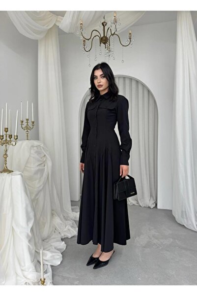 Caddebostan Moda Button Detailed Shirt Collar Long Dress Stylish Midi Length ...