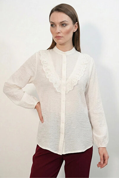 buğrahayalin Women's Hakim Collar Ruffled White Shirt