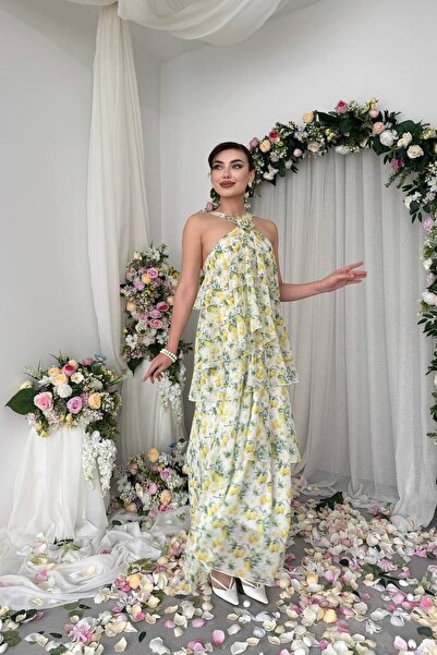 Caddebostan Moda Floral Patterned Layered Chiffon Strap Summer Midi Dress