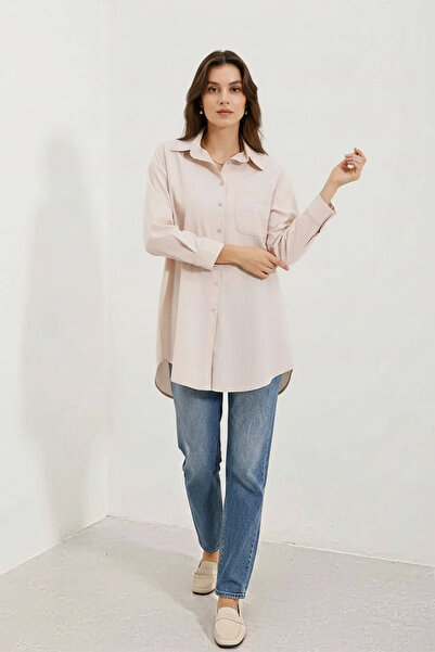 buğrahayalin Women's Oversize Striped Cotton Beige Shirt