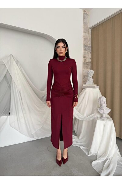 Caddebostan Moda High Neck Gathered Long Sleeve Slit Midi Dress